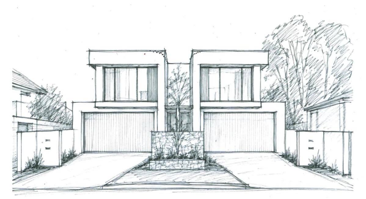 Hand-drawn concept sketch of the Canopy duplex. Two matching units with garages, upper-level living, and a mature tree centred between them