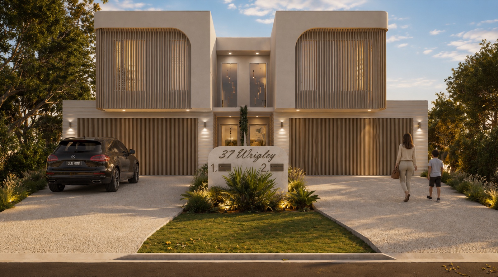 Front elevation render showing the two homes side by side, timber battened upper level, and a landscaped entry court