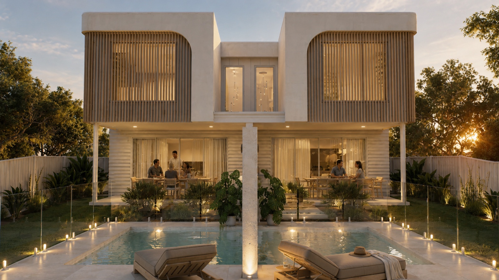 Rear elevation of Canopy showing the pool, the double-height living rooms, and the timber-battened facade at golden hour
